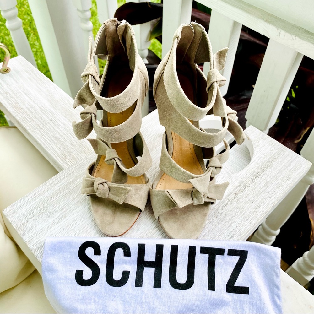 Schutz Miranda Suede Peep Toe Bow Strappy Heels in “Mouse” size 6 - Picture 8 of 16